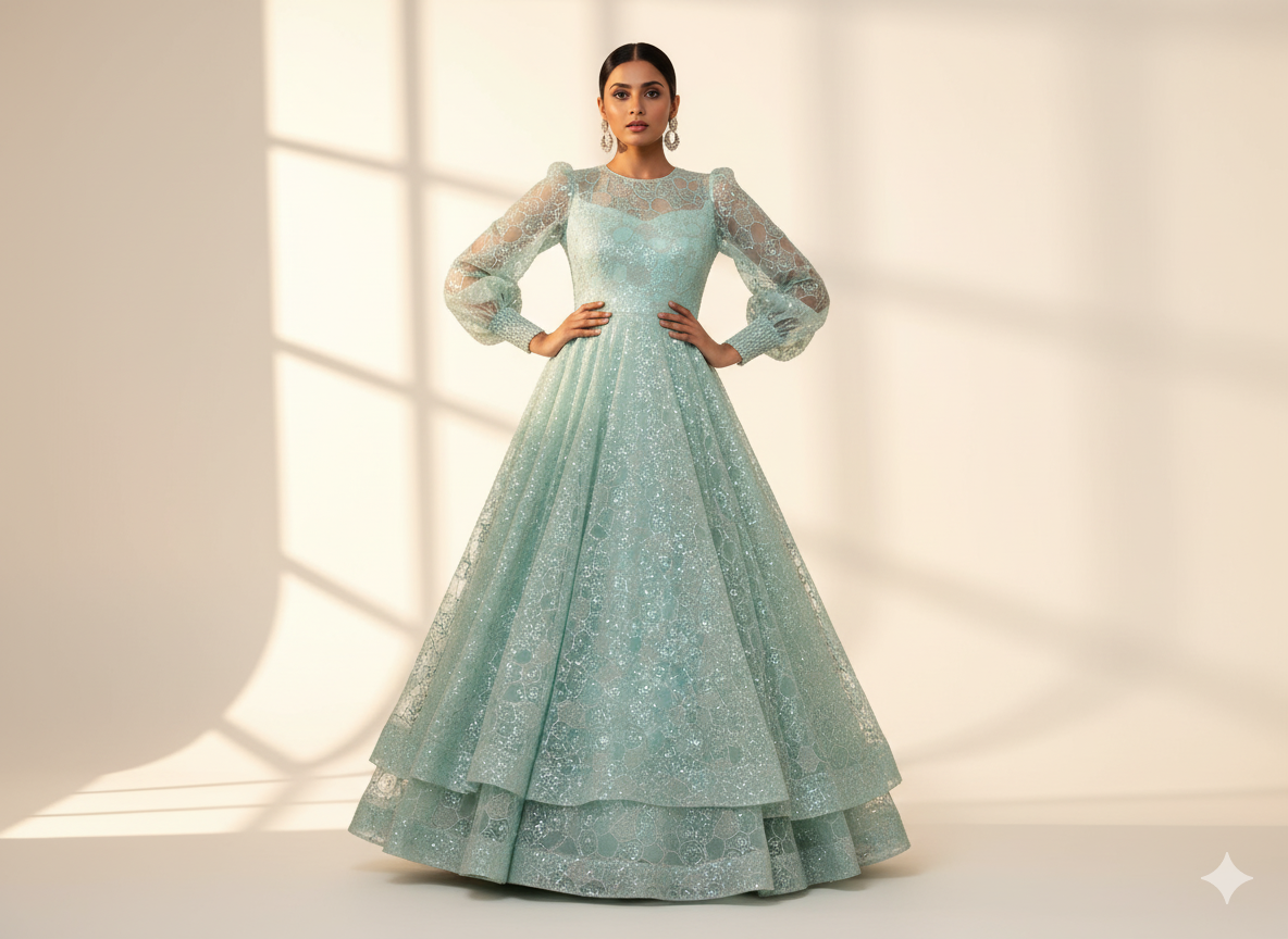 Sky Blue Pure Viscose Georgette With Sequins Embroidered Fabric