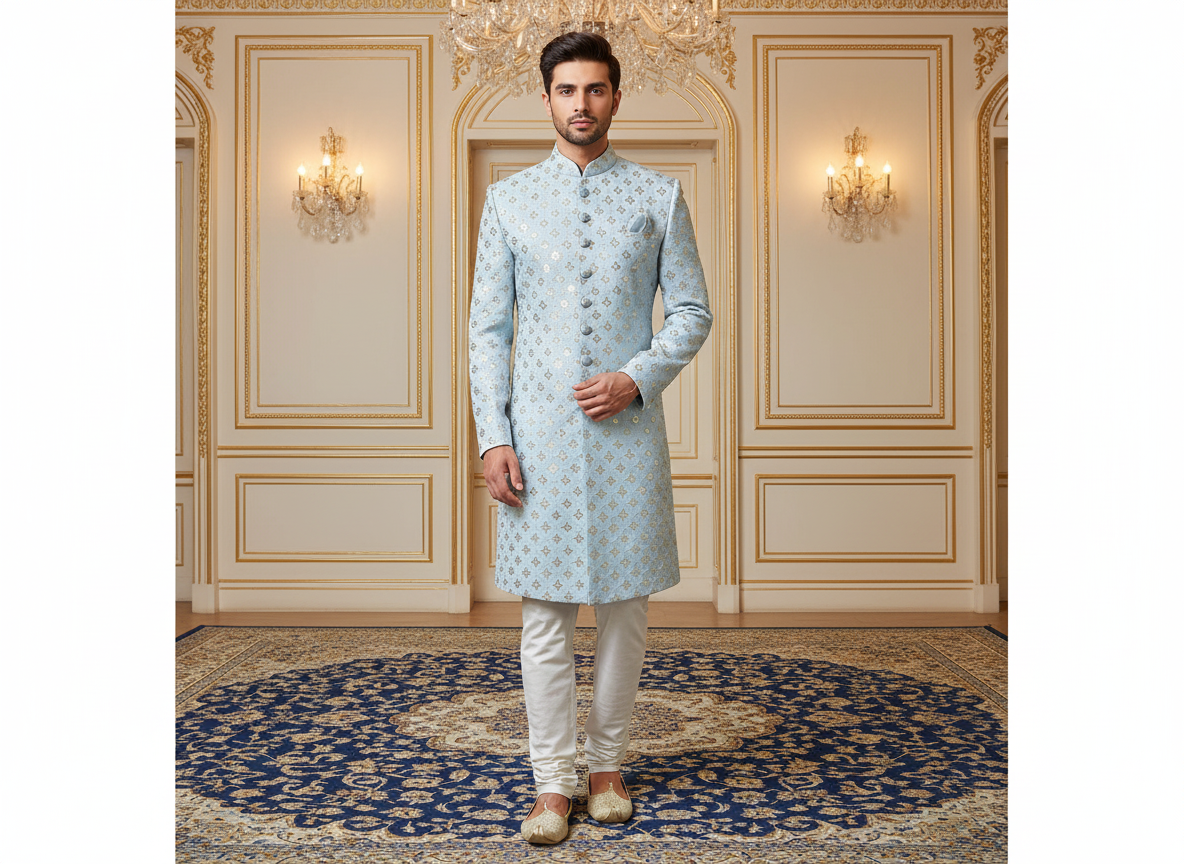 बेबी ब्लू मेटैलिक सेक्विन कढ़ाई मलाई साटन फैब्रिक