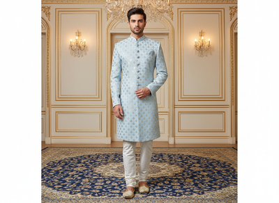 बेबी ब्लू मेटैलिक सेक्विन कढ़ाई मलाई साटन फैब्रिक