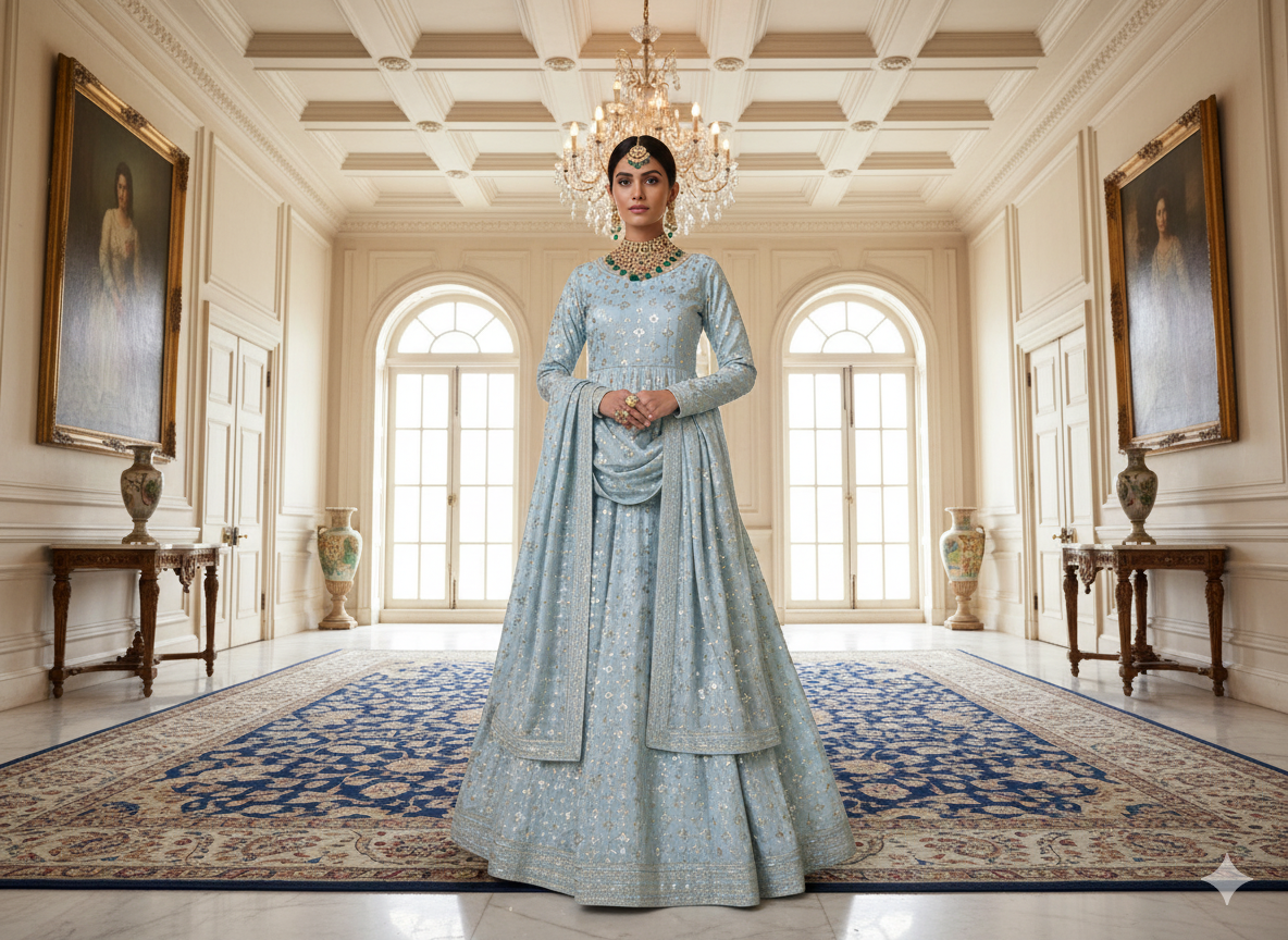 बेबी ब्लू मेटैलिक सेक्विन कढ़ाई मलाई साटन फैब्रिक