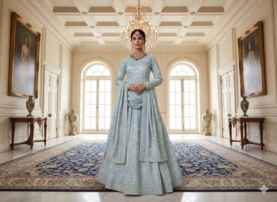 बेबी ब्लू मेटैलिक सेक्विन कढ़ाई मलाई साटन फैब्रिक