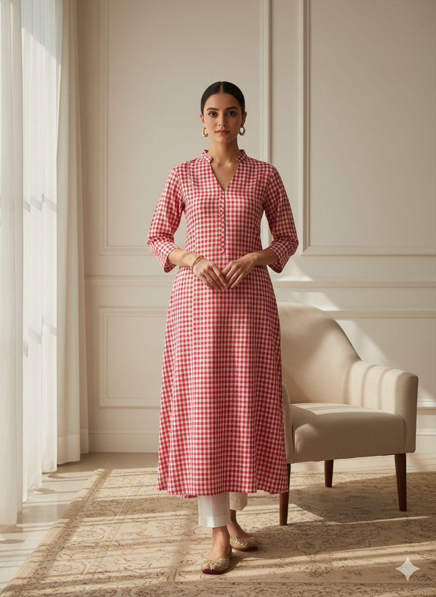 लाल चेक यार्न रंगे शुद्ध सूती कपड़ा