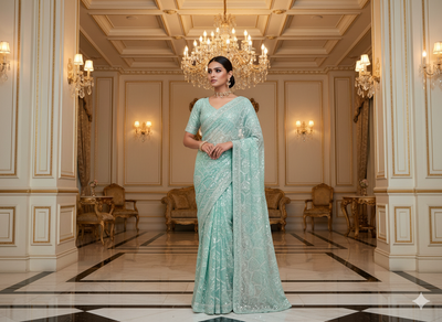 Sky Blue Pure Viscose Georgette With Sequins Embroidered Fabric