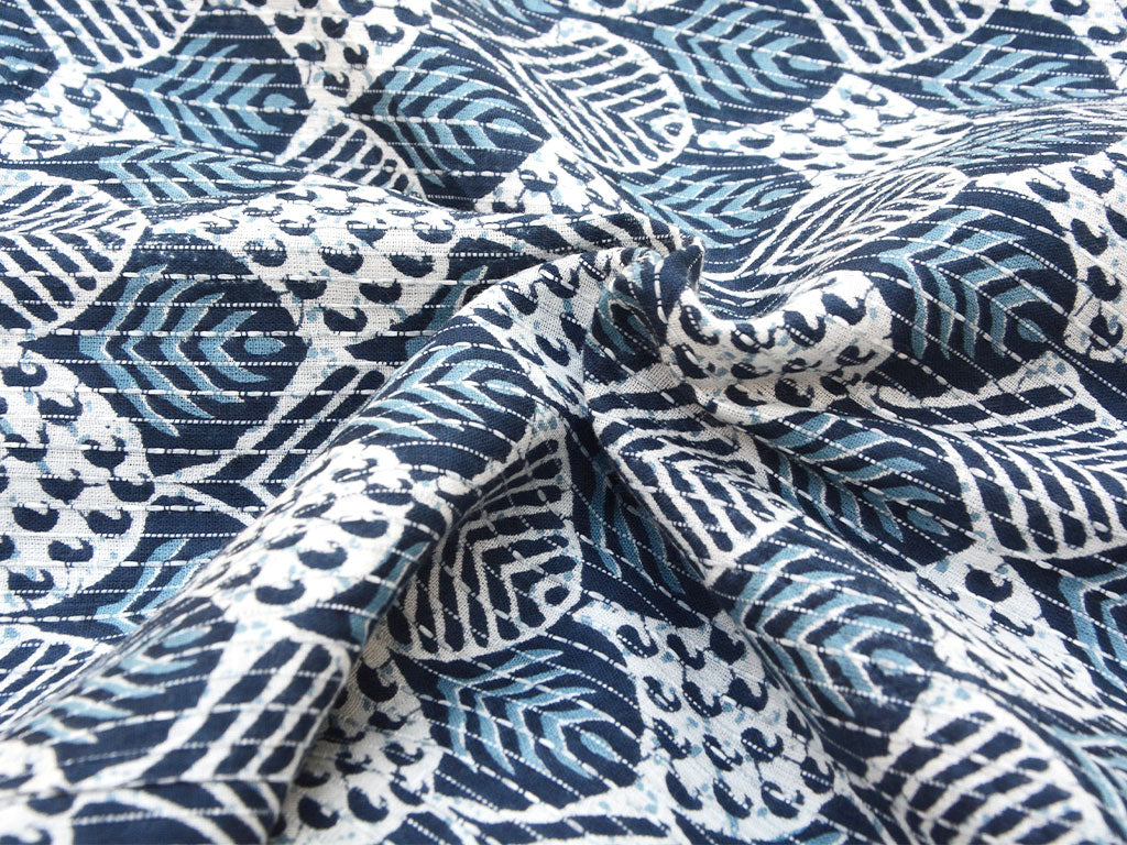 White & Blue Abstract Pure Cotton Kantha Fabric
