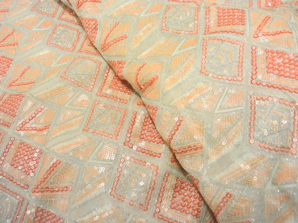 Red Pure Viscose Georgette With Sequins Embroidered Fabric