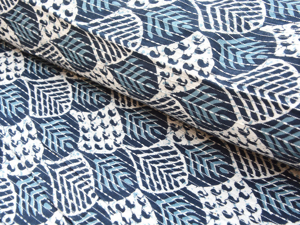 White & Blue Abstract Pure Cotton Kantha Fabric