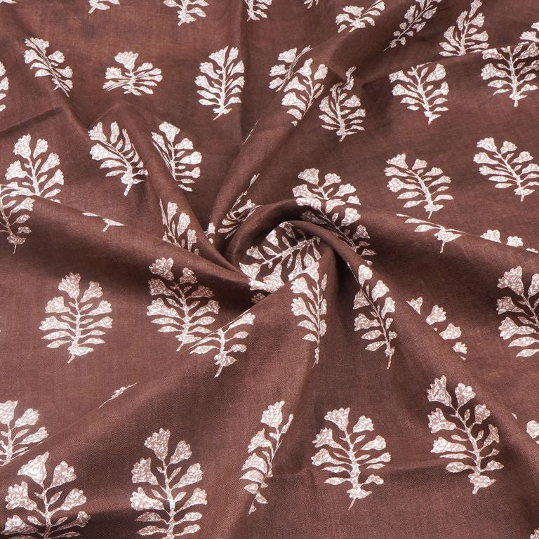 Brown & White Floral Printed Pure Cotton Fabric