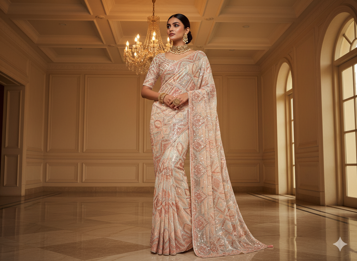 Red Pure Viscose Georgette With Sequins Embroidered Fabric