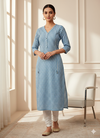 आसमानी नीले चेक यार्न से रंगा हुआ शुद्ध सूती कपड़ा