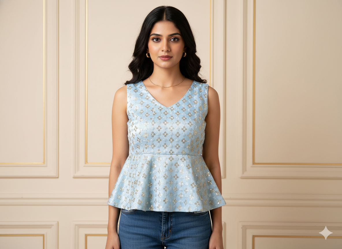 बेबी ब्लू मेटैलिक सेक्विन कढ़ाई मलाई साटन फैब्रिक