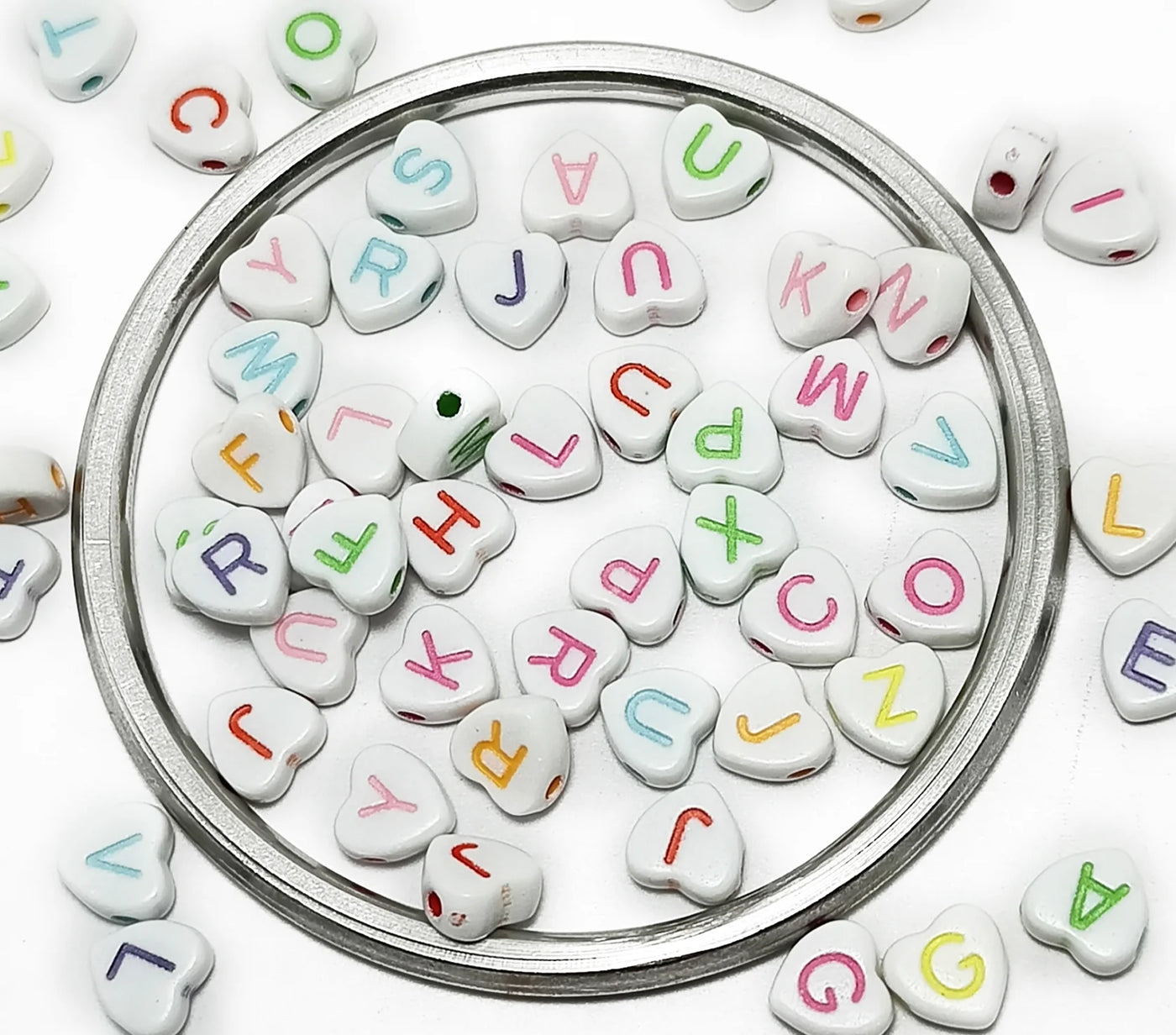 White Heart Shaped One Hole Alphabet Plastic Beads