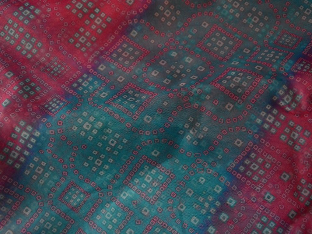 Teal Blue & Red Bandhani Digital Printed Liquid Organza Fabric