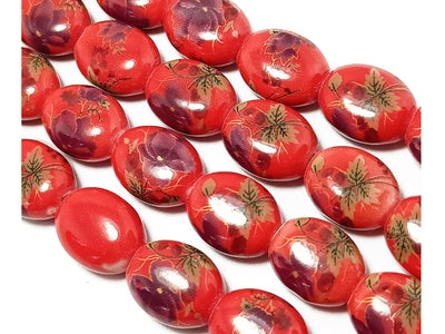 Red Oval Printed Ceramic Beads