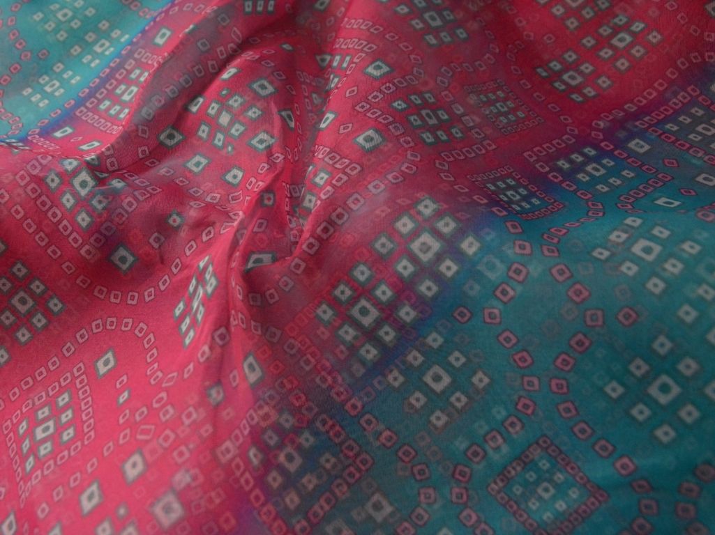 Teal Blue & Red Bandhani Digital Printed Liquid Organza Fabric