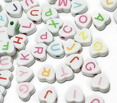 White Heart Shaped One Hole Alphabet Plastic Beads