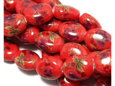 Red Oval Printed Ceramic Beads