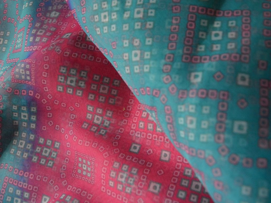 Teal Blue & Red Bandhani Digital Printed Liquid Organza Fabric