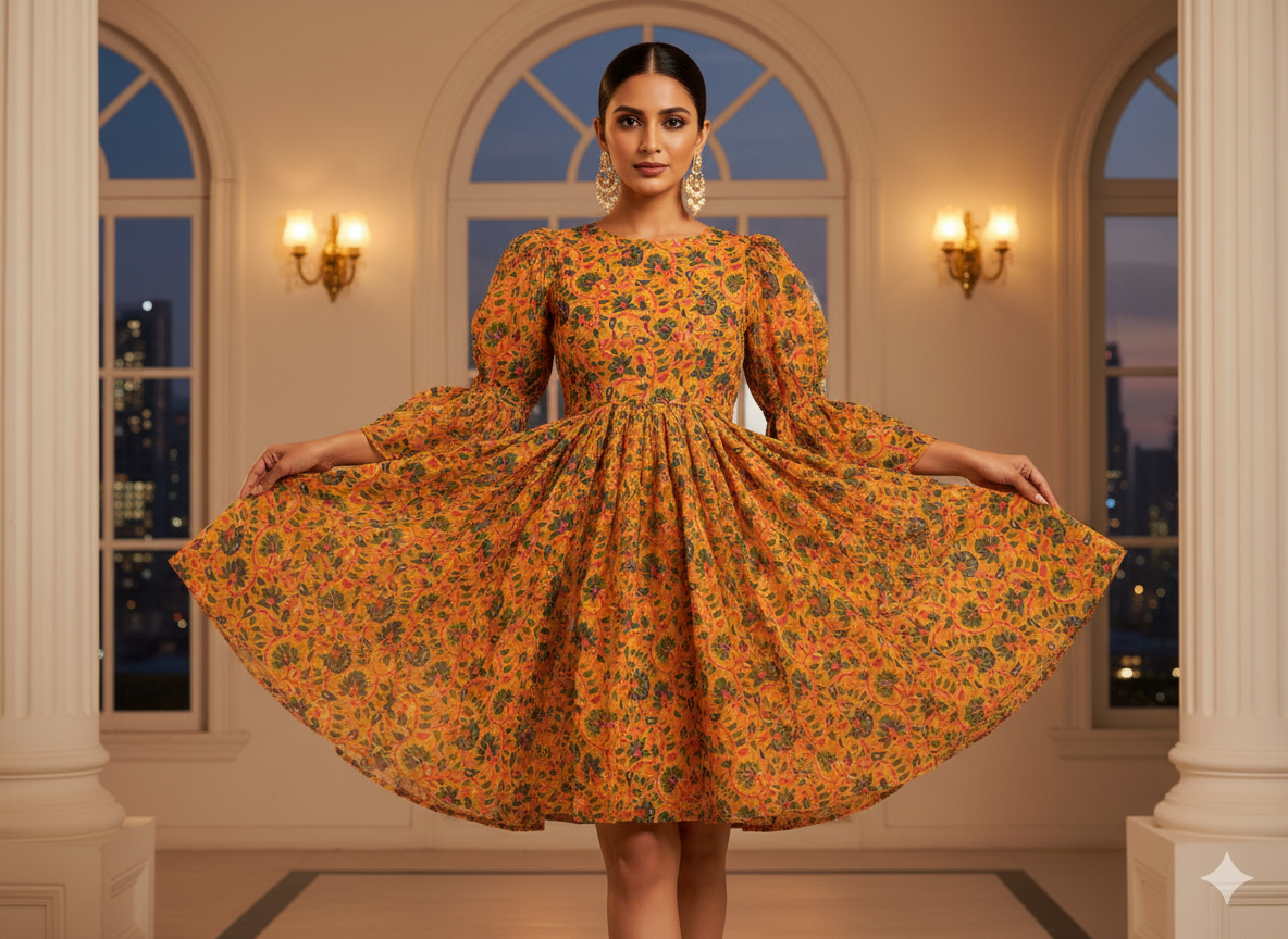 Yellow Floral 100% Pure Cotton Handblocked Kalamkari Fabric