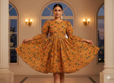 Yellow Floral 100% Pure Cotton Handblocked Kalamkari Fabric