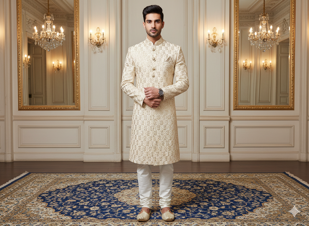 क्रीम मेटैलिक सेक्विन कढ़ाई मलाई साटन कपड़ा