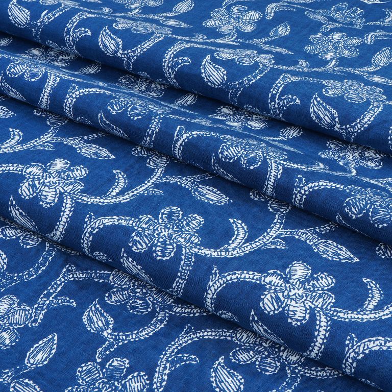 Navy Blue & White Floral Printed Pure Cotton Fabric