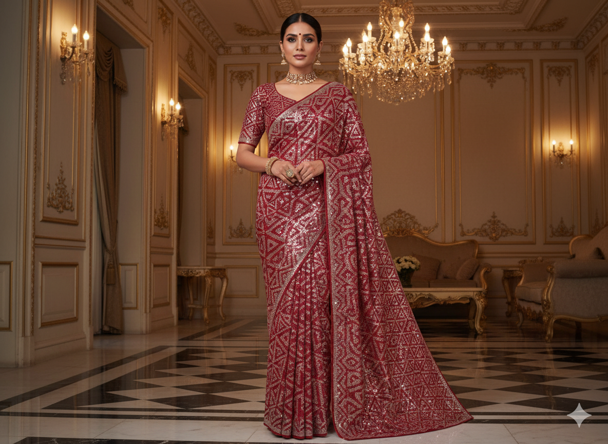 Maroon Faux Poly Georgette With Sequins Embroidered Fabric