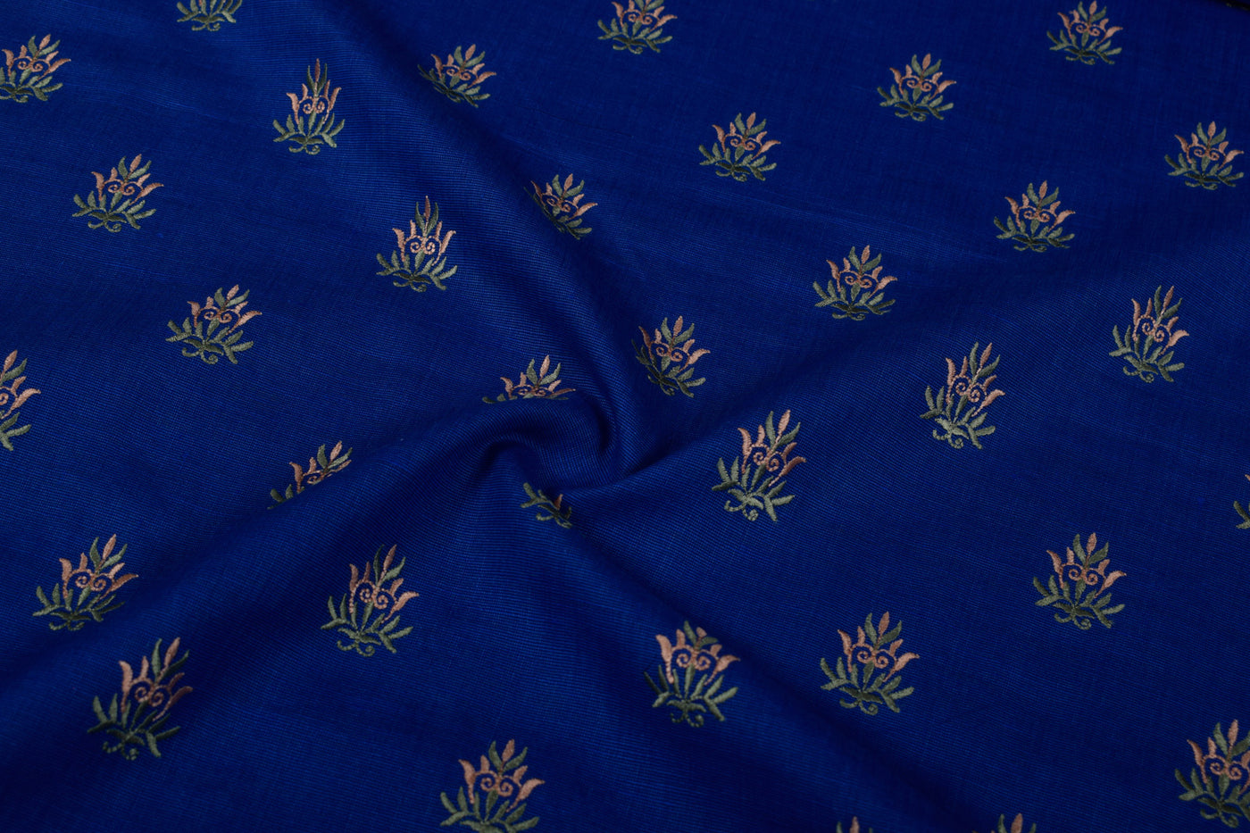 Royal Blue Floral Embroidered Cotton Linen Fabric