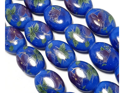 Blue Oval Printed Ceramic Beads