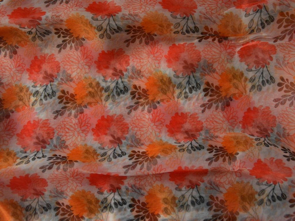 White Floral Digital Printed Liquid Organza Fabric