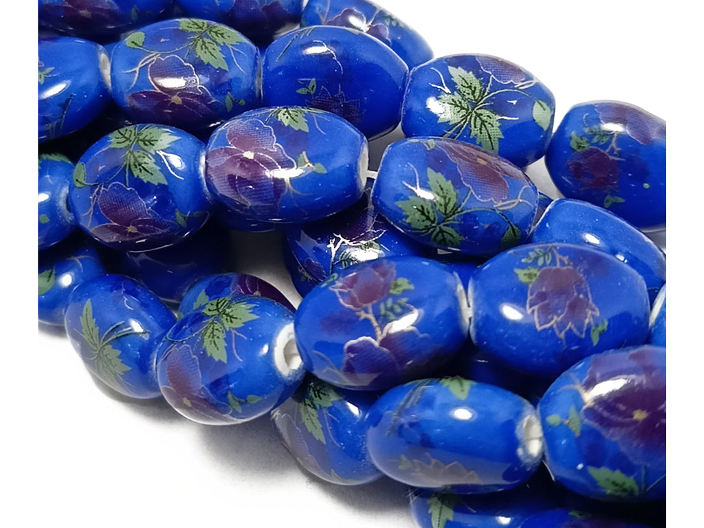 Blue Oval Printed Ceramic Beads