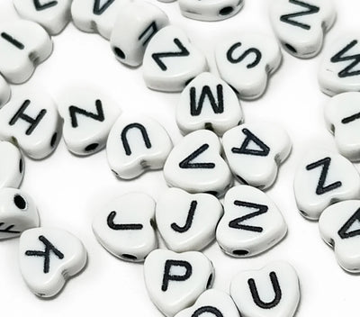 Black & White Heart Shaped One Hole Alphabet Plastic Beads