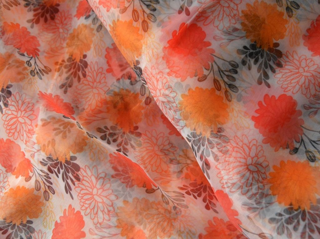 White Floral Digital Printed Liquid Organza Fabric