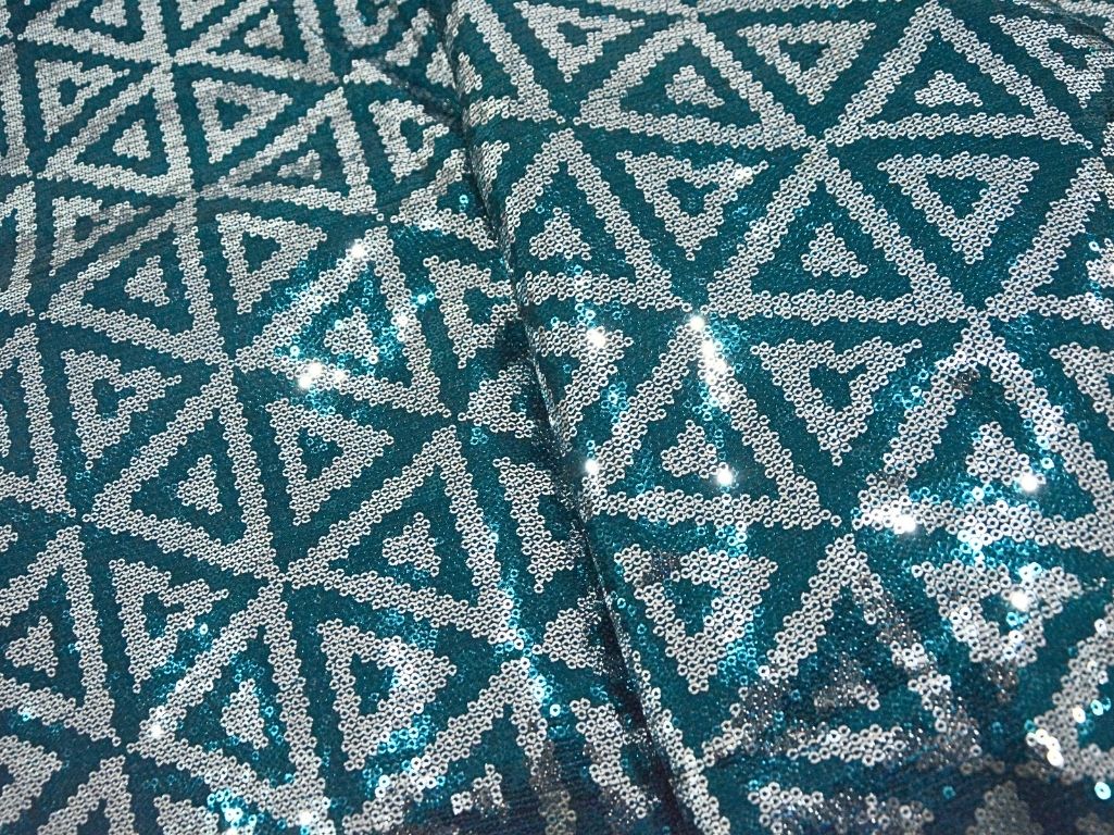 Teal Green Faux Poly Georgette With Sequins Embroidered Fabric
