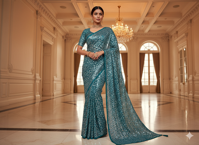 Teal Green Faux Poly Georgette With Sequins Embroidered Fabric