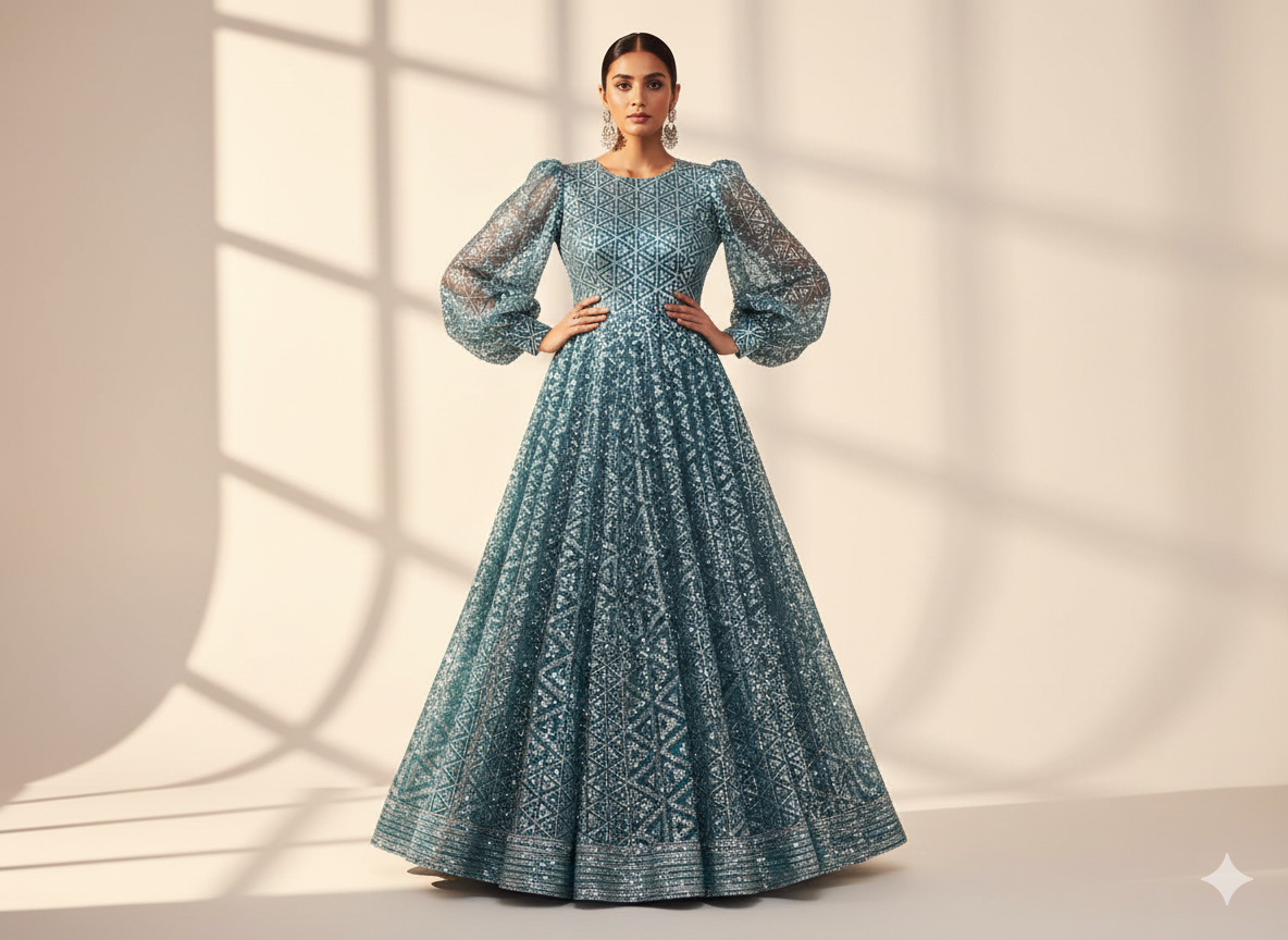 Teal Green Faux Poly Georgette With Sequins Embroidered Fabric