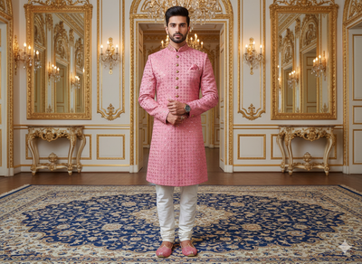 गहरे गुलाबी रंग का मेटैलिक सेक्विन कढ़ाई वाला मलाई साटन कपड़ा