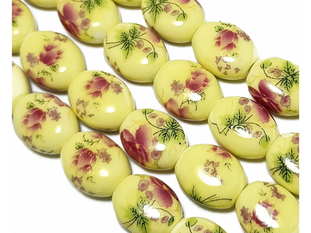 Dull Yellow Oval Printed Ceramic Beads