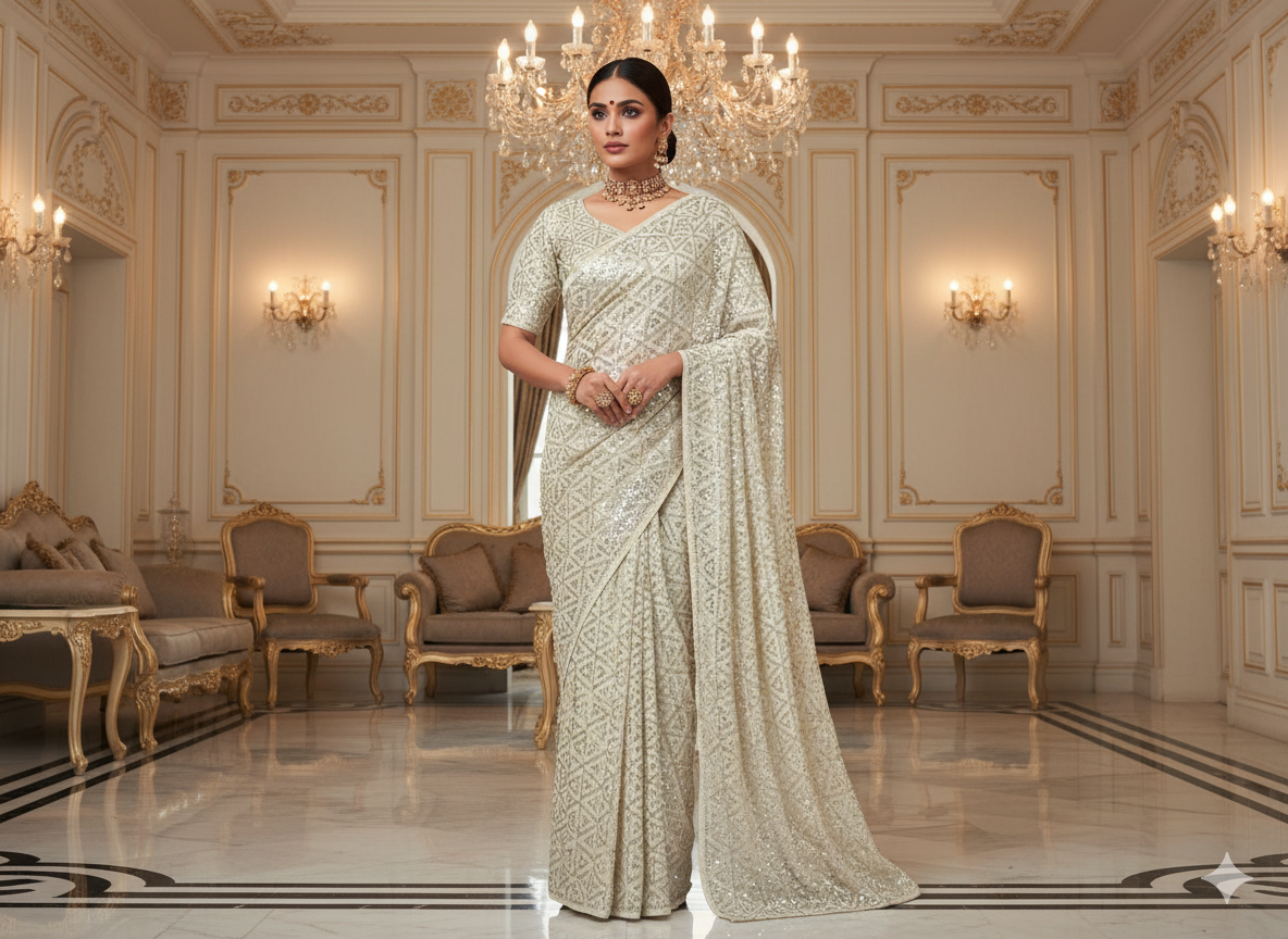 Beige Faux Poly Georgette With Sequins Embroidered Fabric