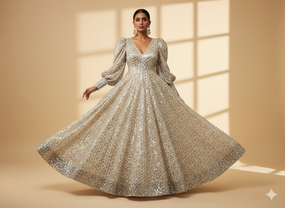 Beige Faux Poly Georgette With Sequins Embroidered Fabric