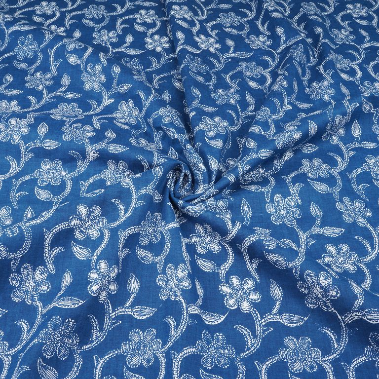 Navy Blue & White Floral Printed Pure Cotton Fabric