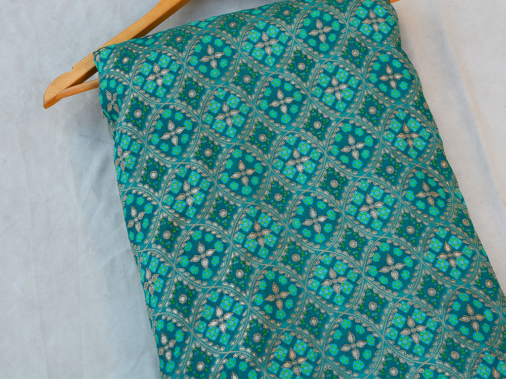 Teal Blue & Green Geometric Printed Jacquard Fabric