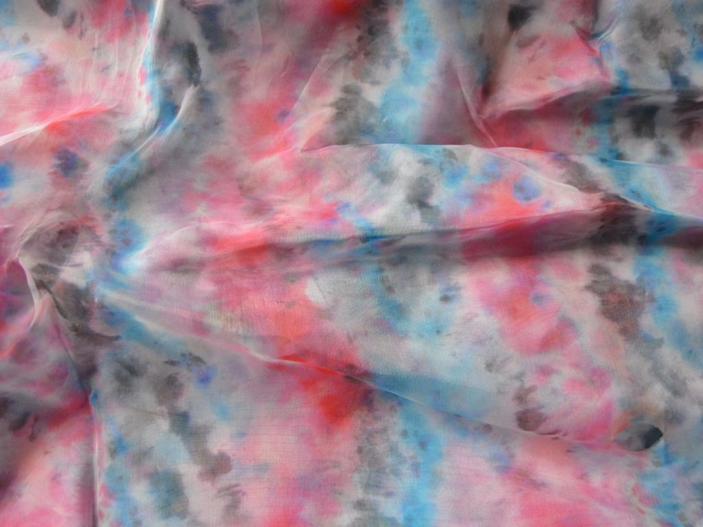 Blue & Red Abstract Digital Printed Liquid Organza Fabric
