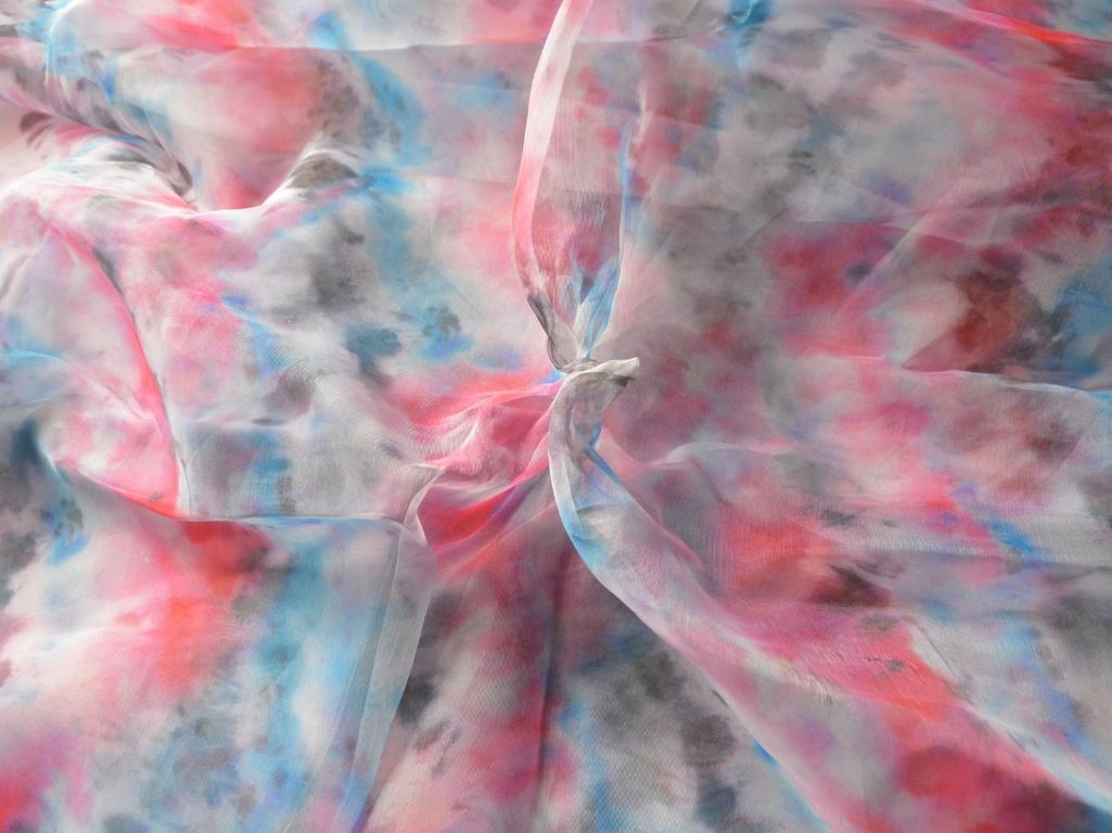 Blue & Red Abstract Digital Printed Liquid Organza Fabric