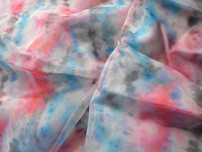 Blue & Red Abstract Digital Printed Liquid Organza Fabric