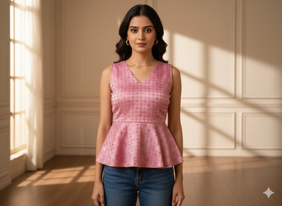 गहरे गुलाबी रंग का मेटैलिक सेक्विन कढ़ाई वाला मलाई साटन कपड़ा