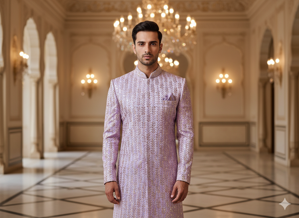 लैवेंडर मेटैलिक सेक्विन कढ़ाई मलाई साटन फैब्रिक