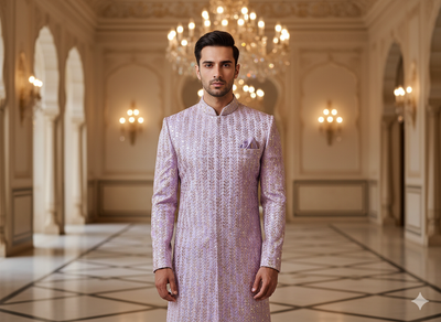 लैवेंडर मेटैलिक सेक्विन कढ़ाई मलाई साटन फैब्रिक