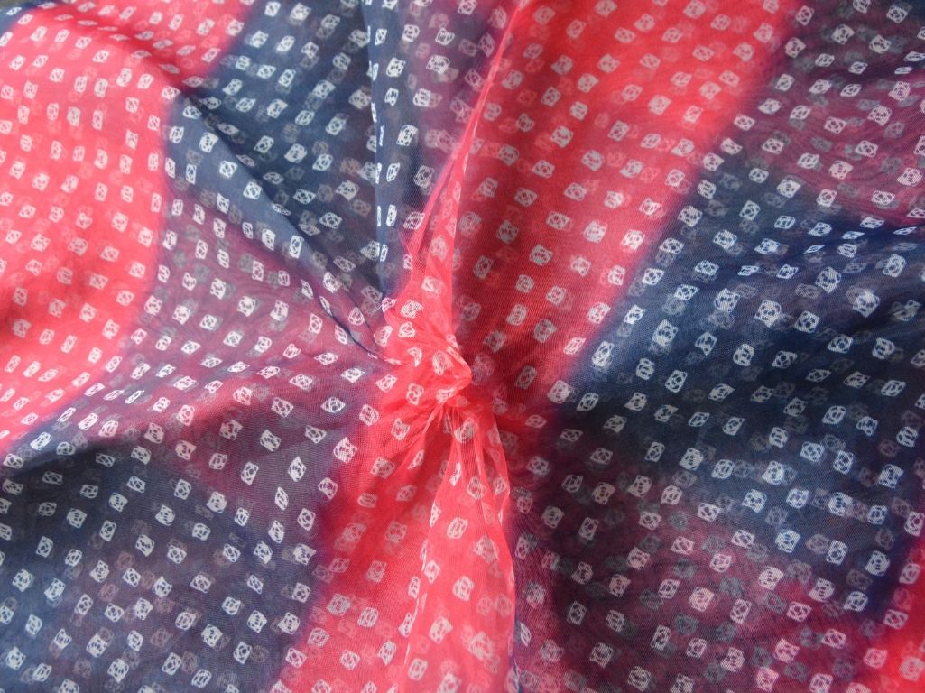 Red & Blue Bandhani Digital Printed Liquid Organza Fabric