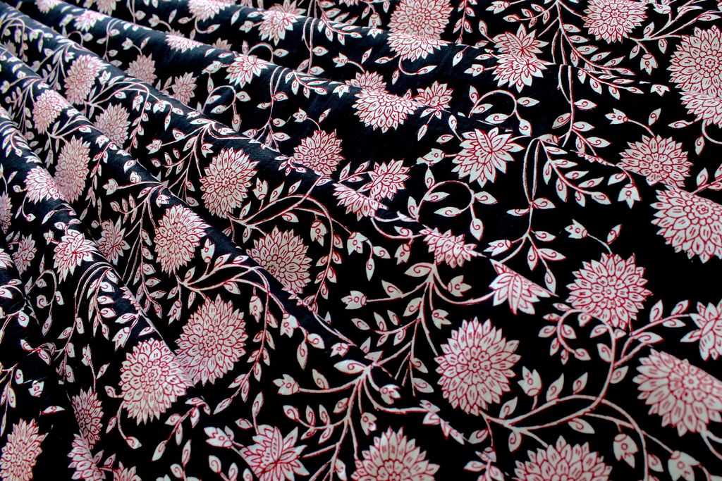 Black And Red Floral Printed Pure Cotton Fabric