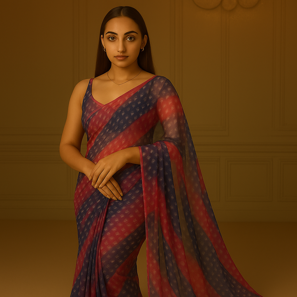 Red & Blue Bandhani Digital Printed Liquid Organza Fabric